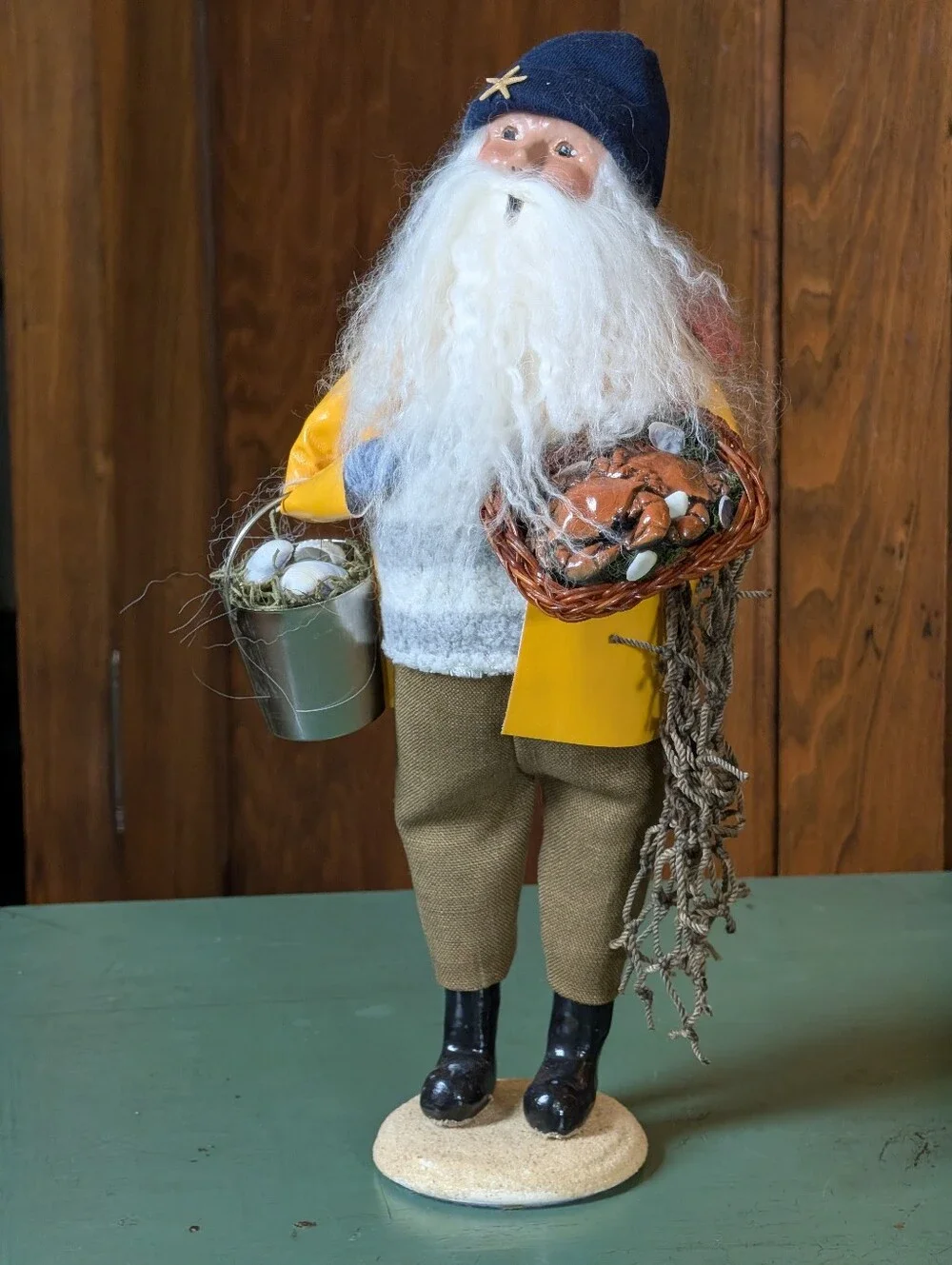 Byers' Choice Nautical Santa Yellow Slicker Crab Basket Signed Fisherman